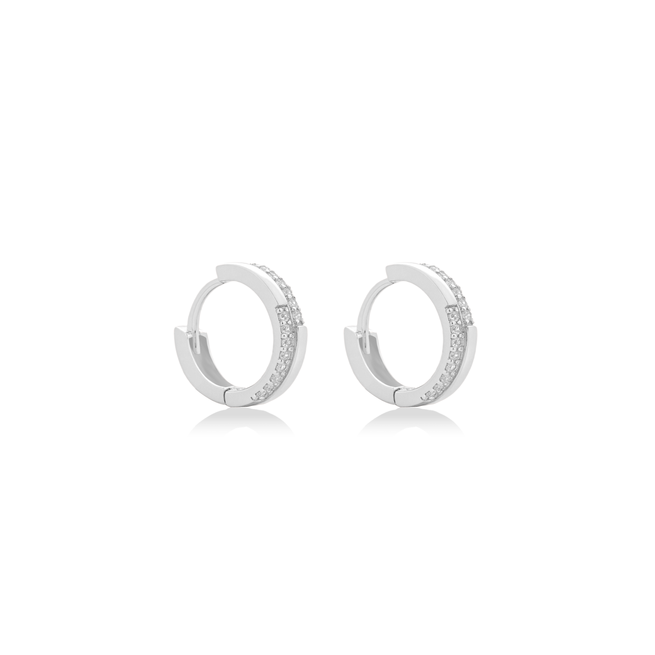 Fine jewellery, silver jewellery, hypoallergenic, tarnish-free, close-up right view of a Pair of silver hoop earrings embedded with crystals on a white background