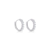 Fine jewellery, silver jewellery, hypoallergenic, tarnish-free, close-up left view of a Pair of silver hoop earrings with crystals on a white background