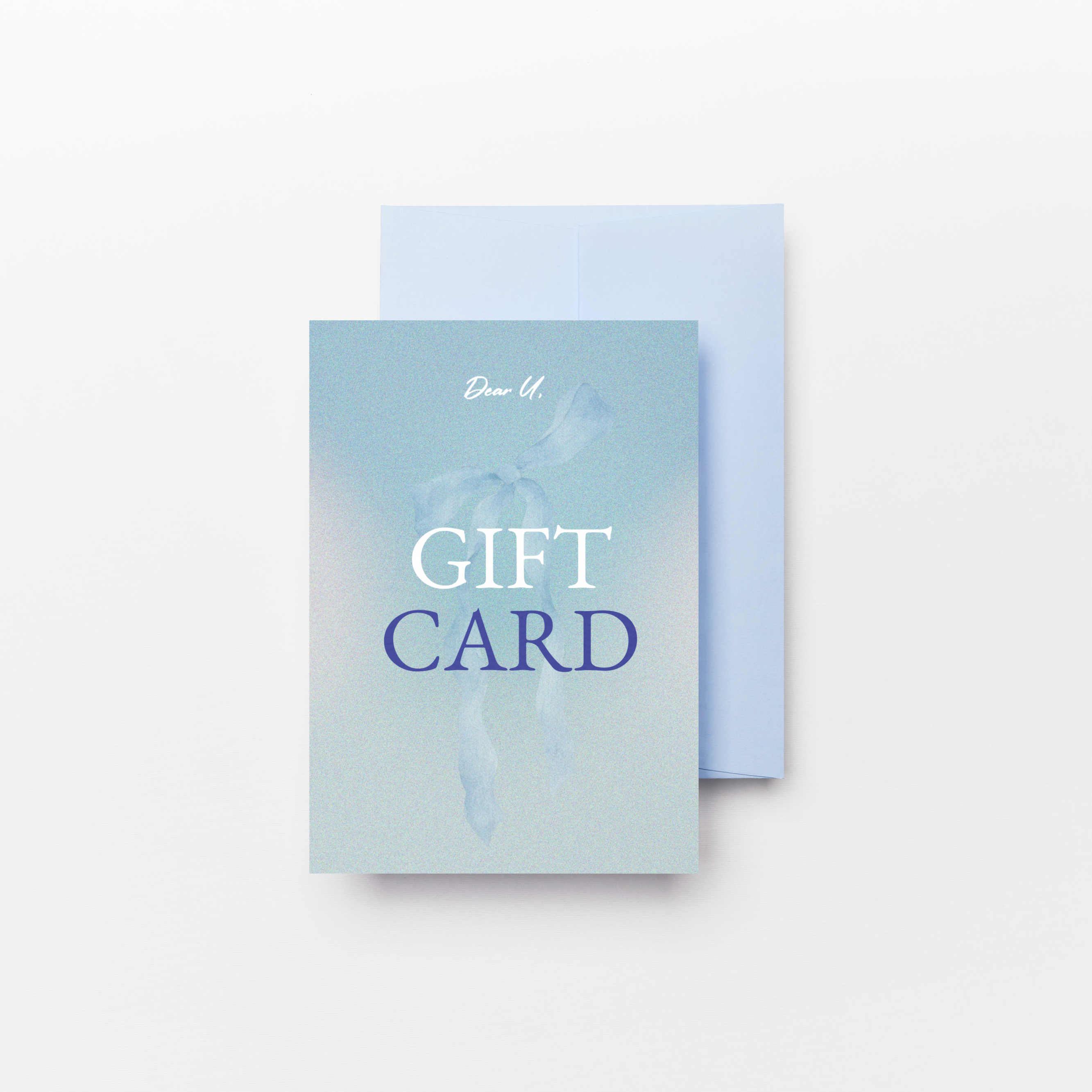 Close-up top view of a blue Gift card on a white background