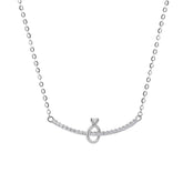 Fine jewellery, silver jewellery, hypoallergenic, tarnish-free, Close-up front view of a Silver necklace with a curve and ring crystal pendant on a white background