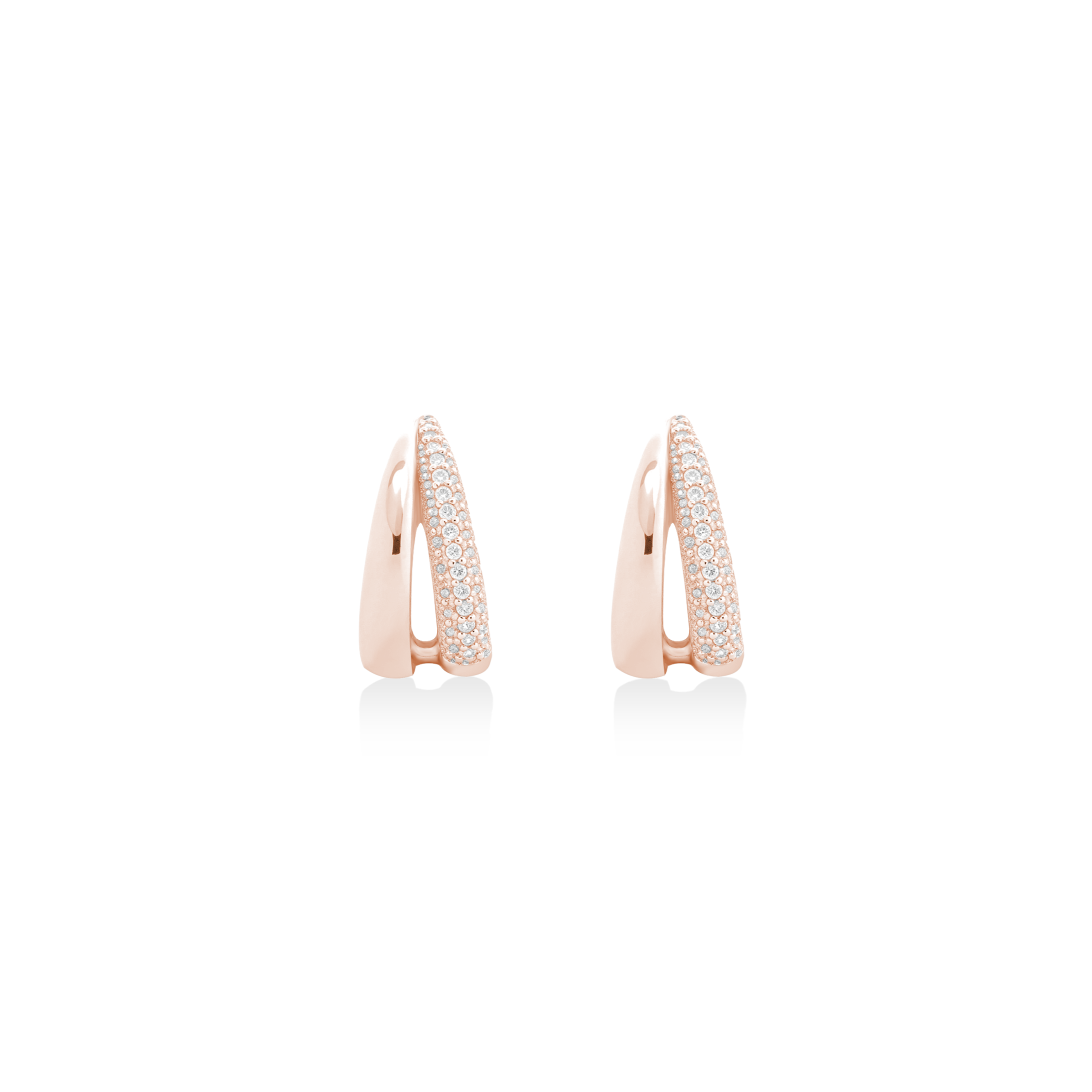 Fine jewellery, silver jewellery plated with rose gold, hypoallergenic, tarnish-free, close-up front view of a Pair of rose gold crystal earrings on a white background