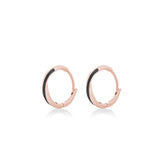 Fine jewellery, silver jewellery plated with rose gold, hypoallergenic, tarnish-free, close-up left view of a pair Rose gold glazed black hoop earrings on a white background