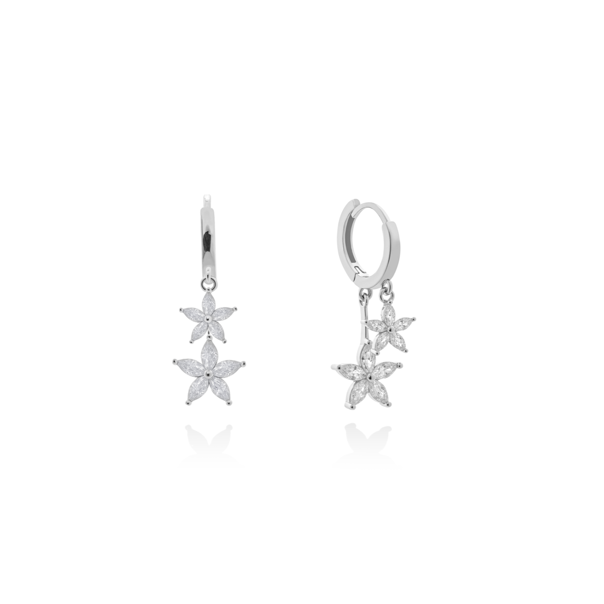 Fine jewellery, silver jewellery, hypoallergenic, tarnish-free,
Close-up front and left view Pair of silver flower-shaped adorned with crystal earrings on a white background