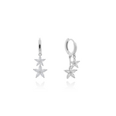 Fine jewellery, silver jewellery, hypoallergenic, tarnish-free,
Close-up front and left view Pair of silver flower-shaped adorned with crystal earrings on a white background