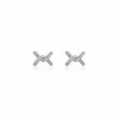 Fine jewellery, silver jewellery, hypoallergenic, tarnish-free, close-up front view of Pair of silver 'X' shaped like a ribbon knot earrings with crystal on a white background
