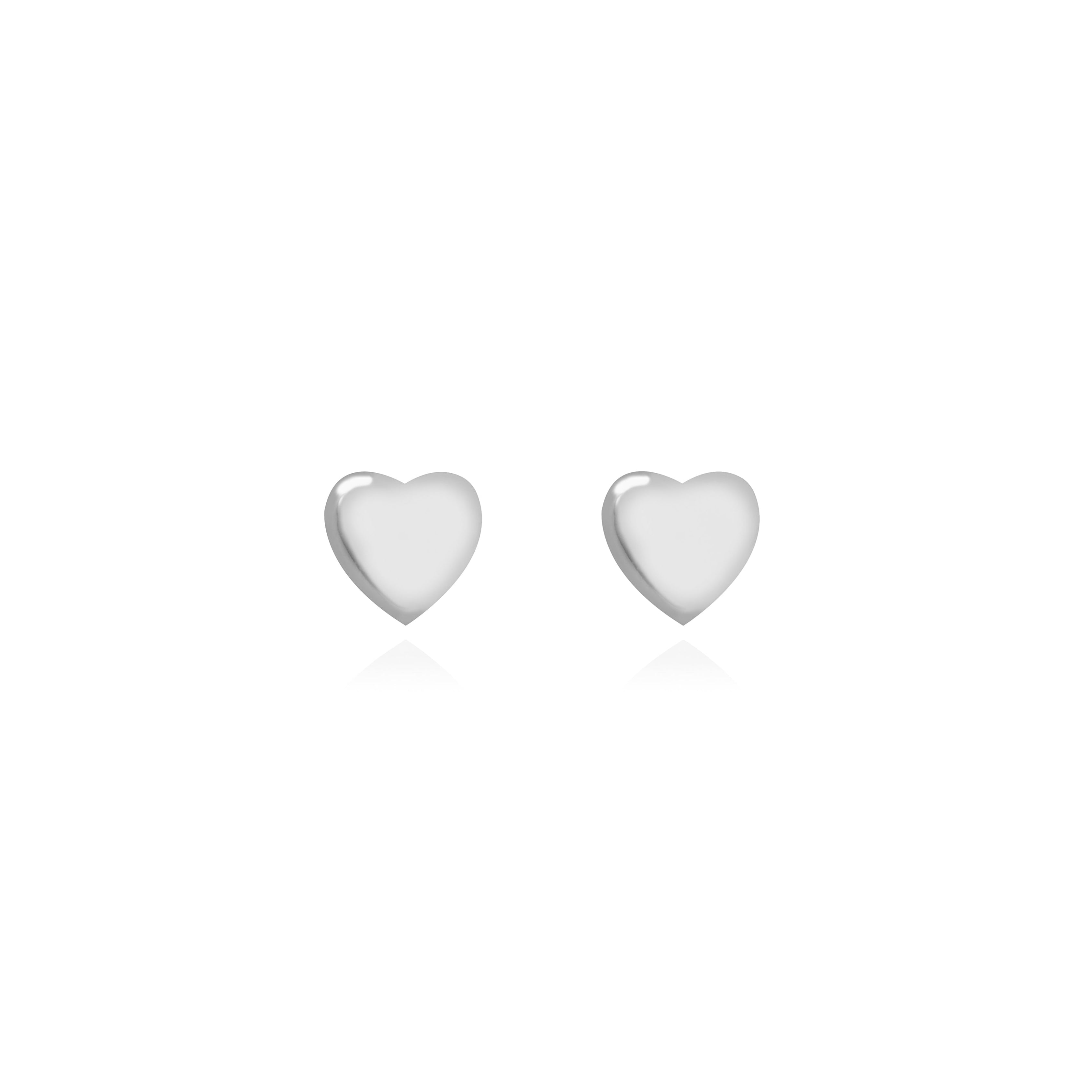 Fine jewellery, silver jewellery, hypoallergenic, tarnish-free, Close up Front view of a pair of Heart-shaped silver ear studs on a white background