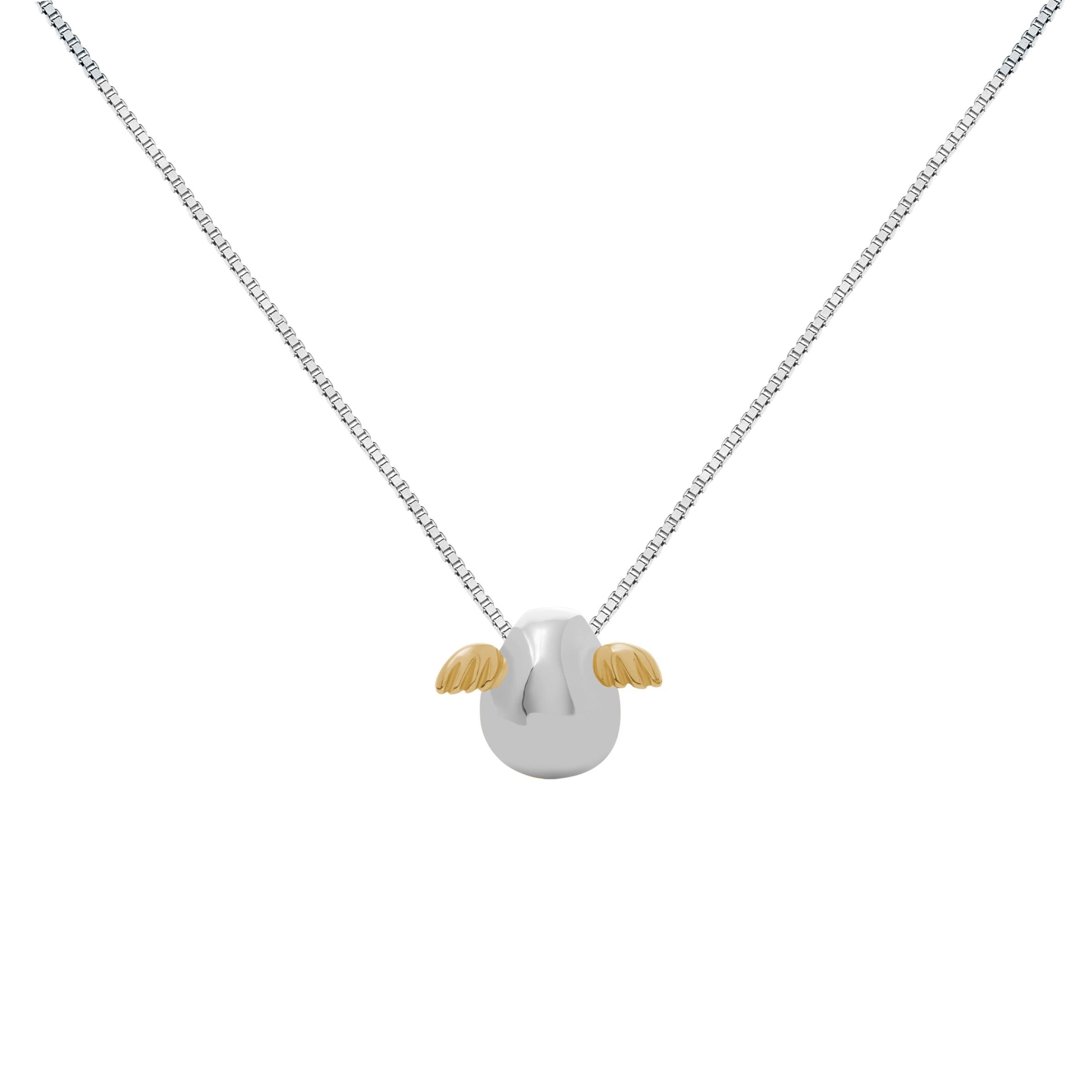 Fine jewellery, silver jewellery, hypoallergenic, tarnish-free, front view close-up of silver Necklace with a small  pendant with golden wings on a white background