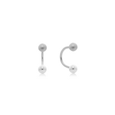 Fine jewellery, silver jewellery, hypoallergenic, tarnish-free, Close-up front and right view of a Pair of silver earrings with spherical ends on a white background.