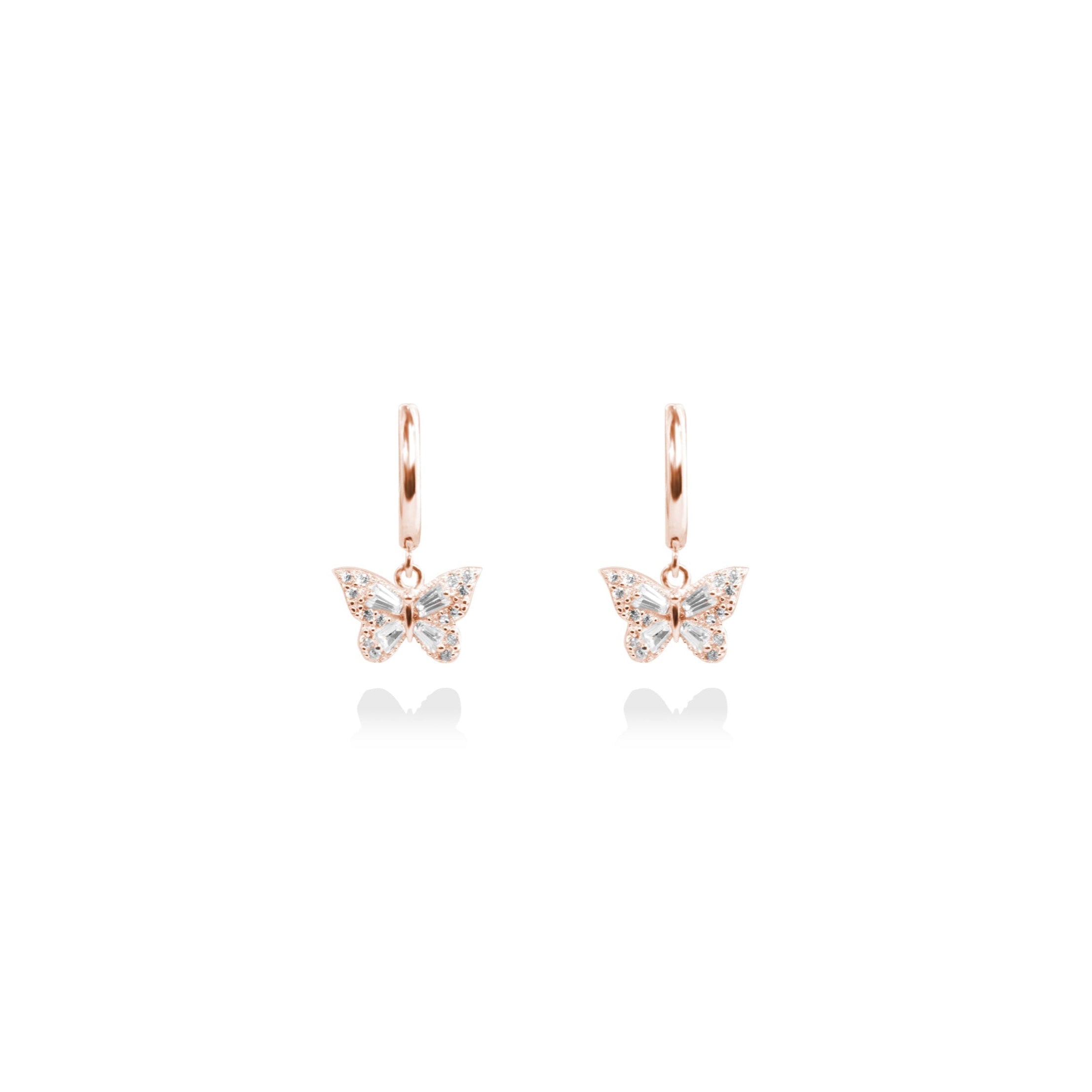 Fine jewellery, silver jewellery plated with rose gold, hypoallergenic, tarnish-free, close-up front view of a pair of Rose gold butterfly earrings on a white background
