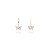 Fine jewellery, silver jewellery plated with rose gold, hypoallergenic, tarnish-free, close-up front view of a pair of Rose gold butterfly earrings on a white background