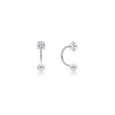 Fine jewellery, silver jewellery, hypoallergenic, tarnish-free, Close-up front and left view of two crystal earrings with a silver spherical ends on a white background