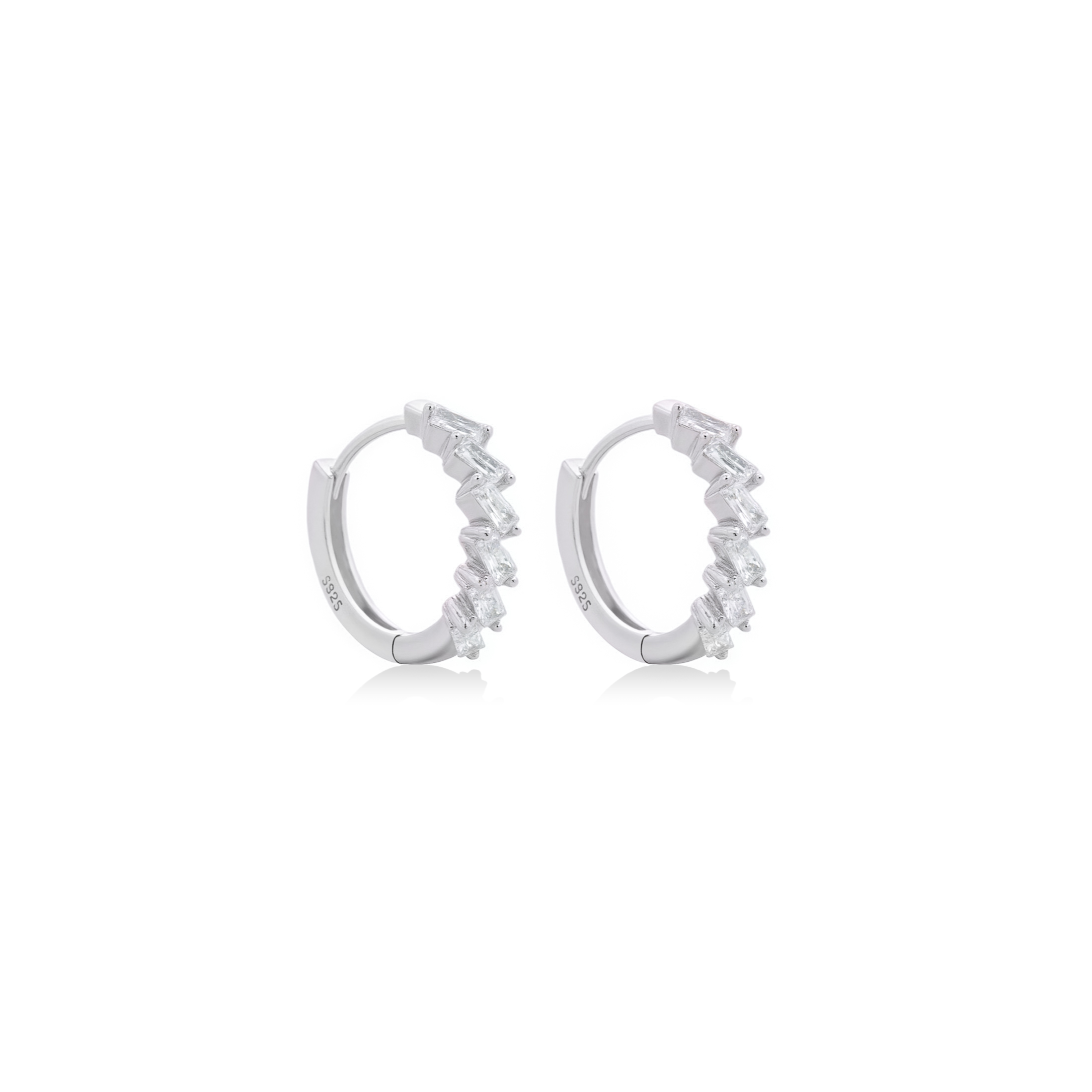 Fine jewellery, silver jewellery, hypoallergenic, tarnish-free, close-up left view of a Pair of silver hoop earrings with crystals on a white background