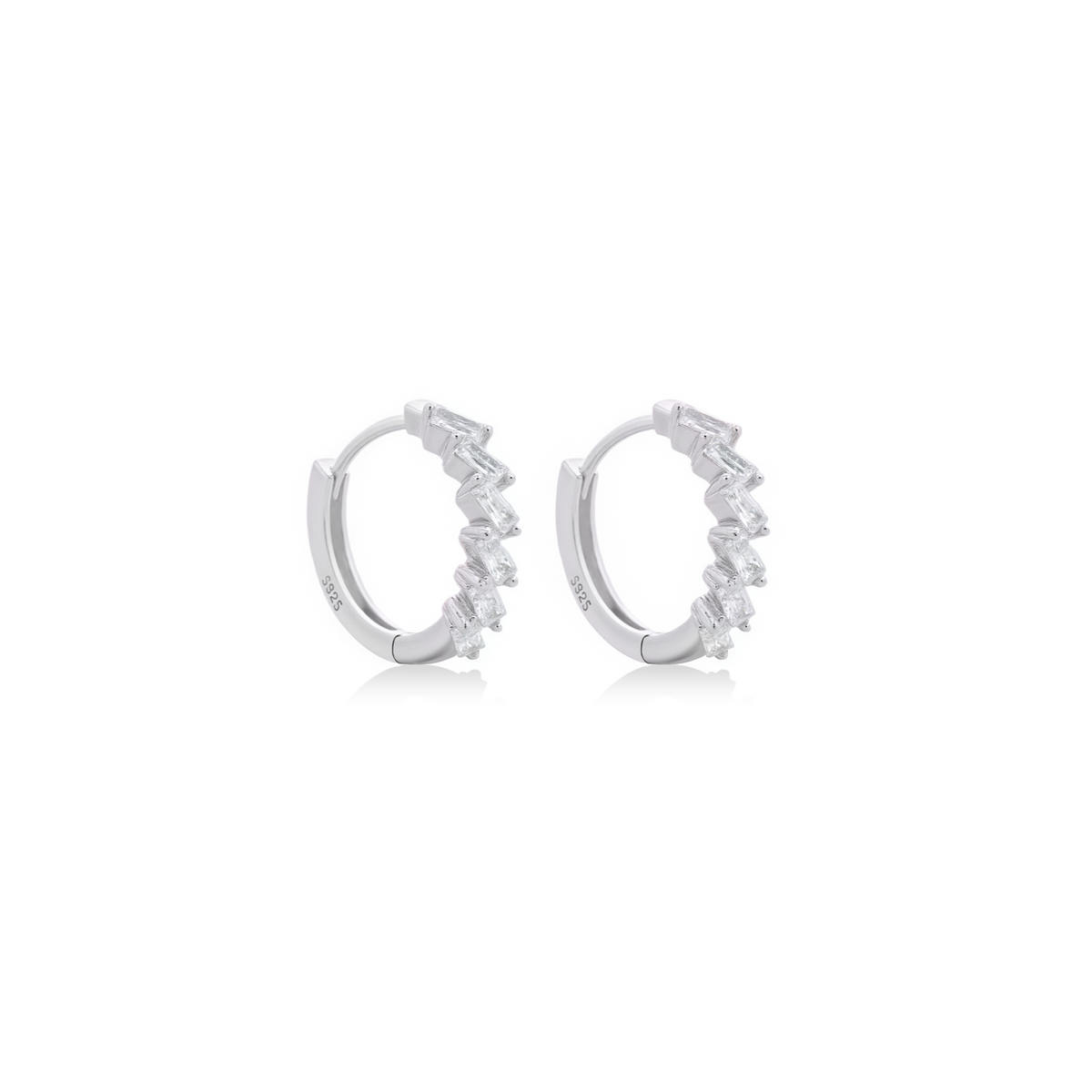 Fine jewellery, silver jewellery, hypoallergenic, tarnish-free, close-up left view of a Pair of silver hoop earrings with crystals on a white background