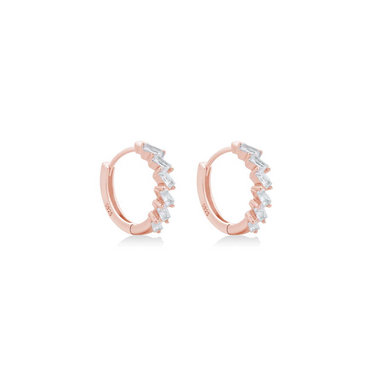 Fine jewellery, silver jewellery plated with rose gold, hypoallergenic, tarnish-free, Close-up right view of a pair of Rose gold hoop earrings with small crystal on a white background