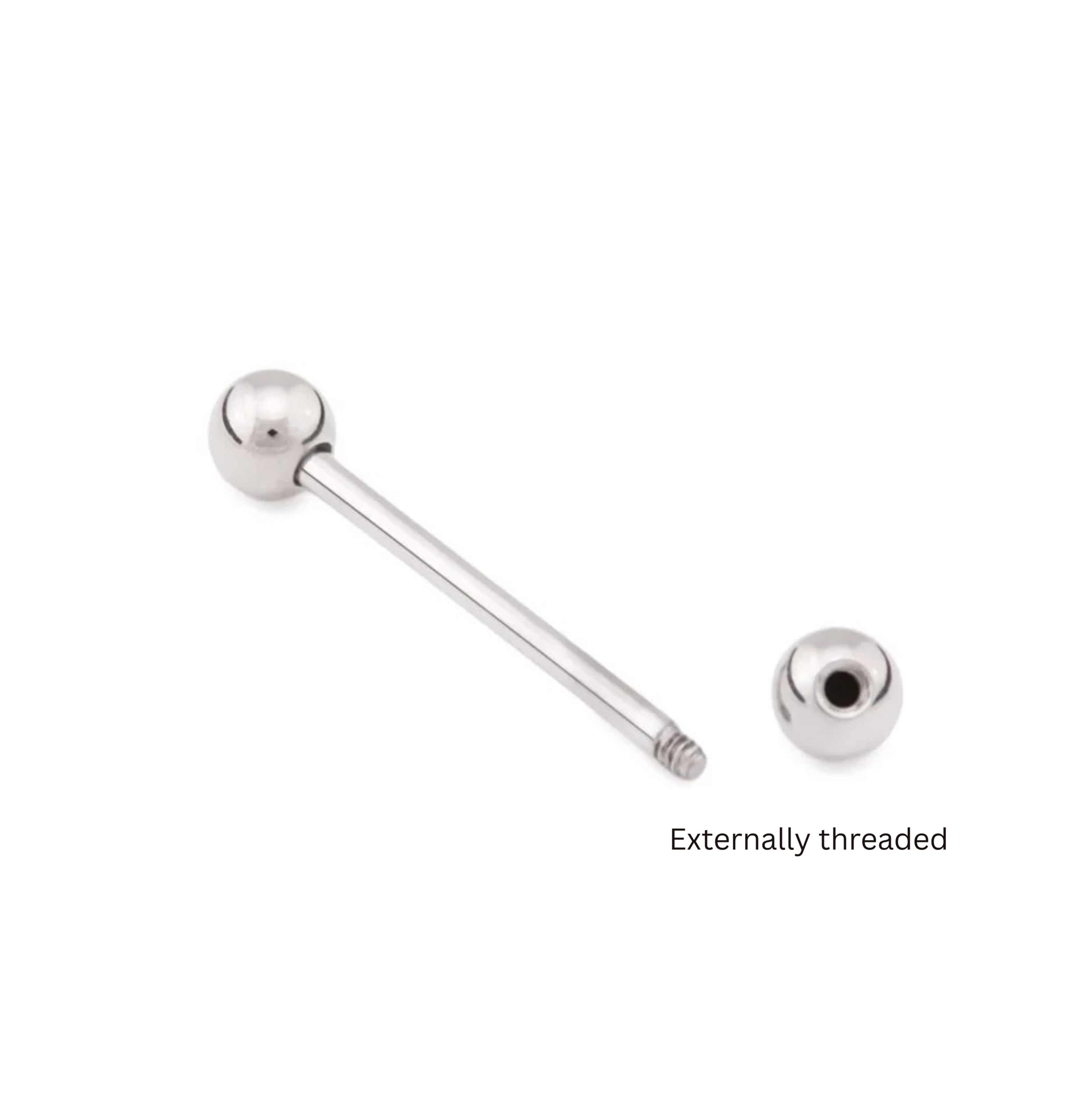 Fine jewellery, silver jewellery, hypoallergenic, tarnish-free, Silver barbell with spherical ends on a white background labelled externally threaded