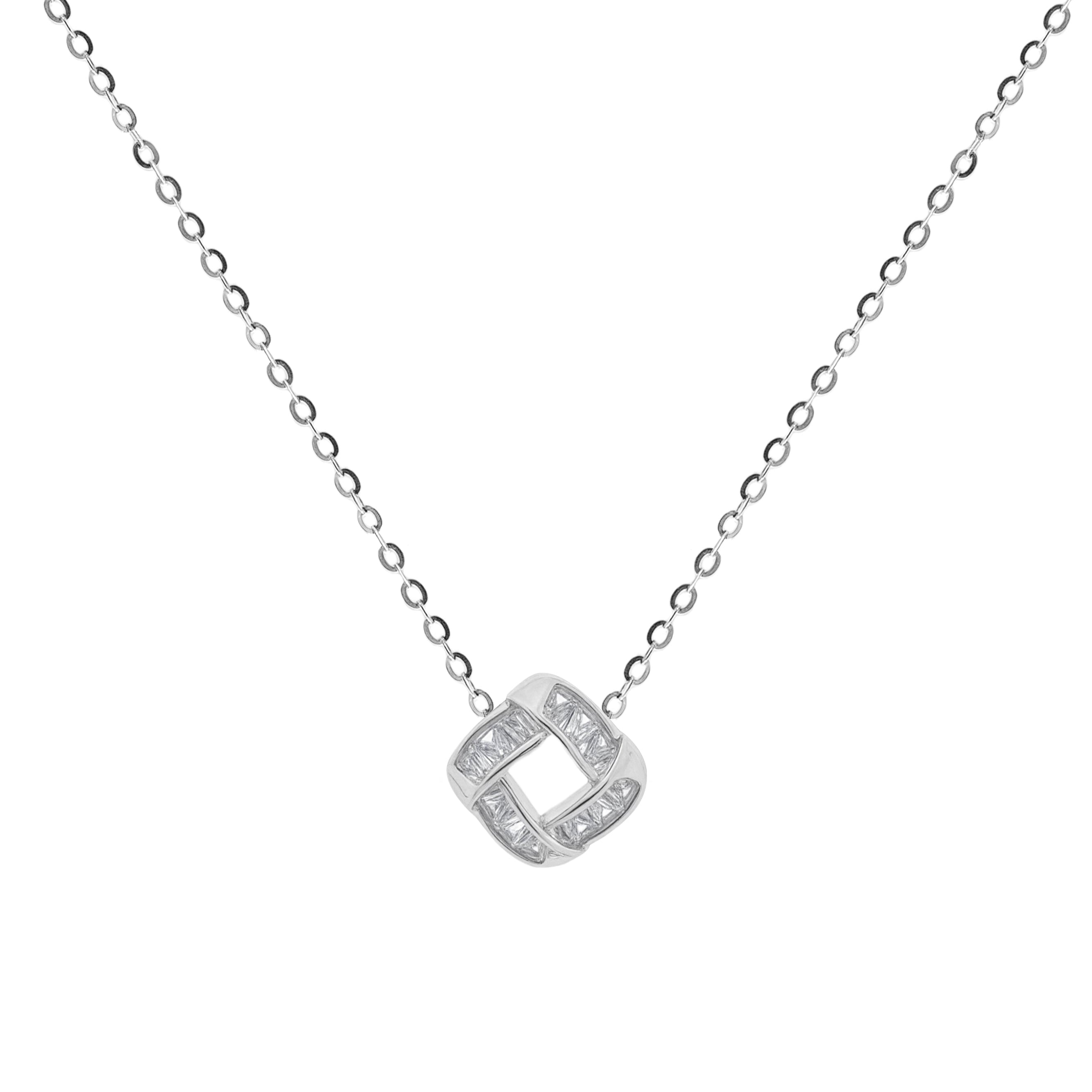 Fine jewellery, silver jewellery, hypoallergenic, tarnish-free, a front close-up of Silver necklace with a diamond pendant on a white background