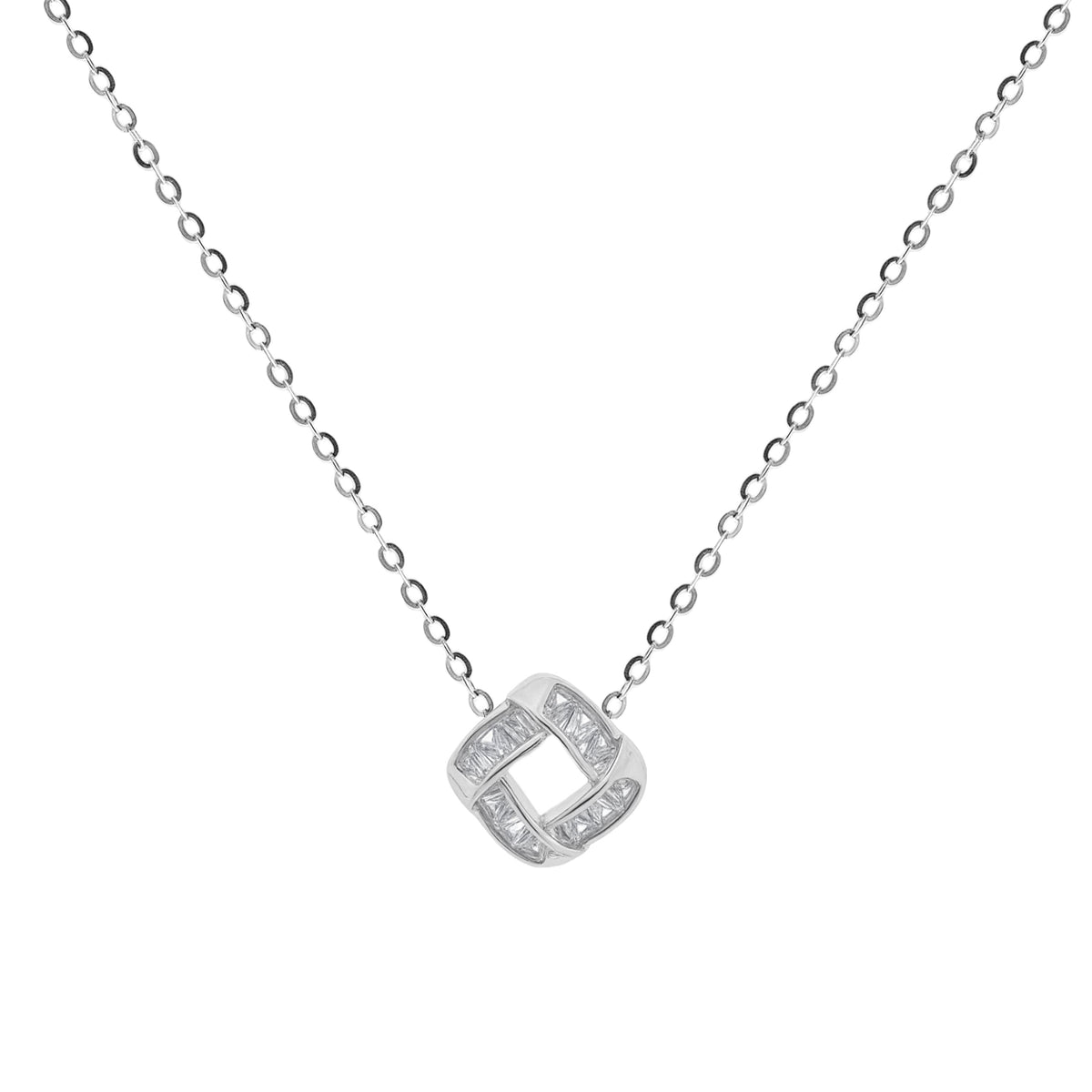 Fine jewellery, silver jewellery, hypoallergenic, tarnish-free, a front close-up of Silver necklace with a diamond pendant on a white background