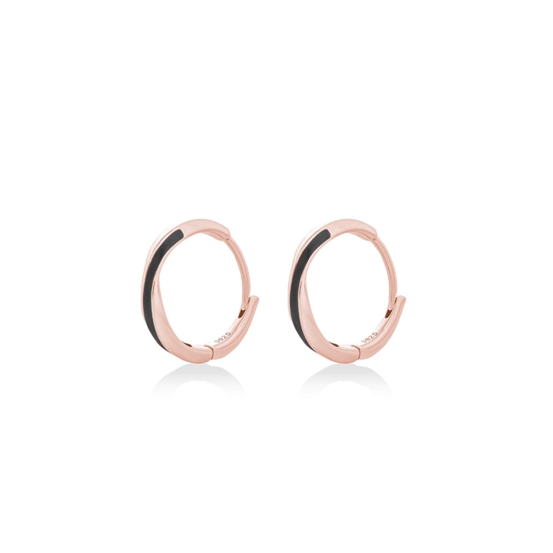 Fine jewellery, silver jewellery plated with rose gold, hypoallergenic, tarnish-free, close-up left view of a pair Rose gold glazed black hoop earrings on a white background