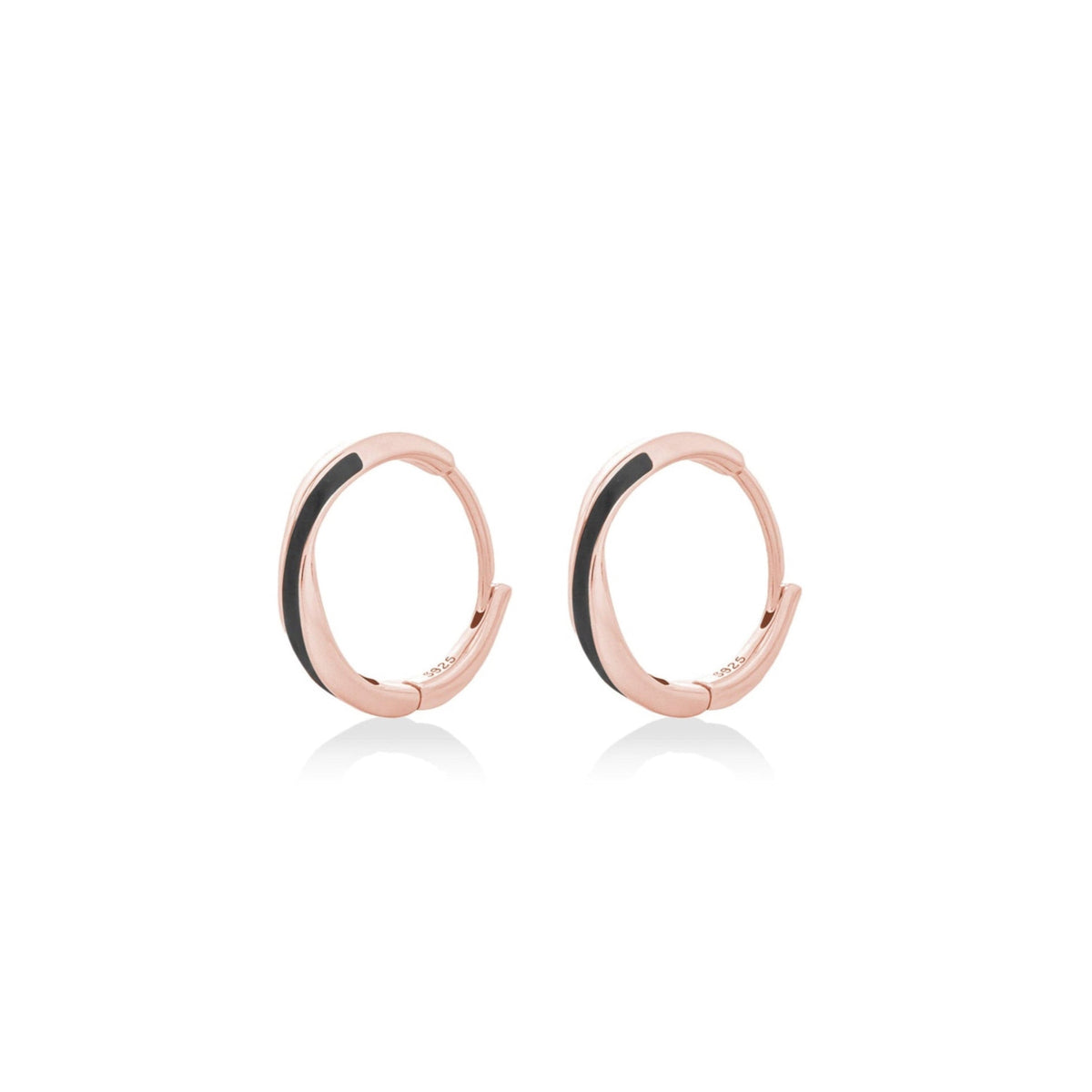 Fine jewellery, silver jewellery plated with rose gold, hypoallergenic, tarnish-free, close-up left view of a pair Rose gold glazed black hoop earrings on a white background
