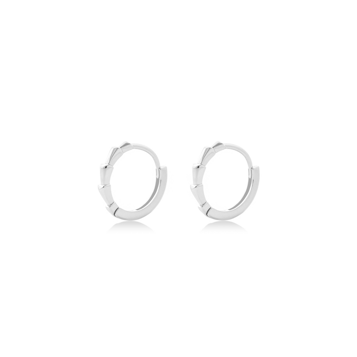 Fine jewellery, silver jewellery, hypoallergenic, tarnish-free, close-up left view of a pair of Silver hoop earrings on a white background