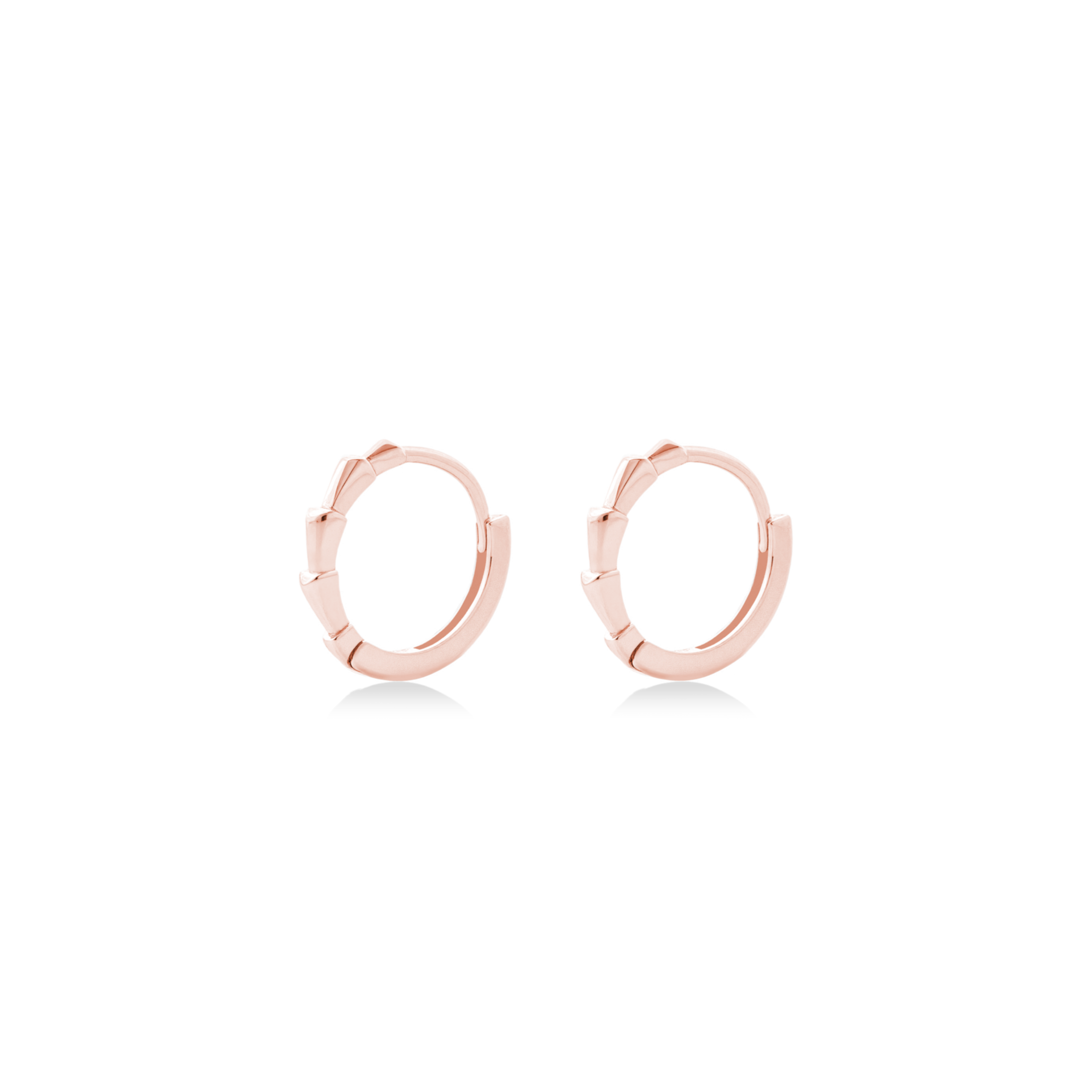 Fine jewellery, silver jewellery plated with rose gold, hypoallergenic, tarnish-free, close up left view of a pair of Rose gold hoop earrings on a white background