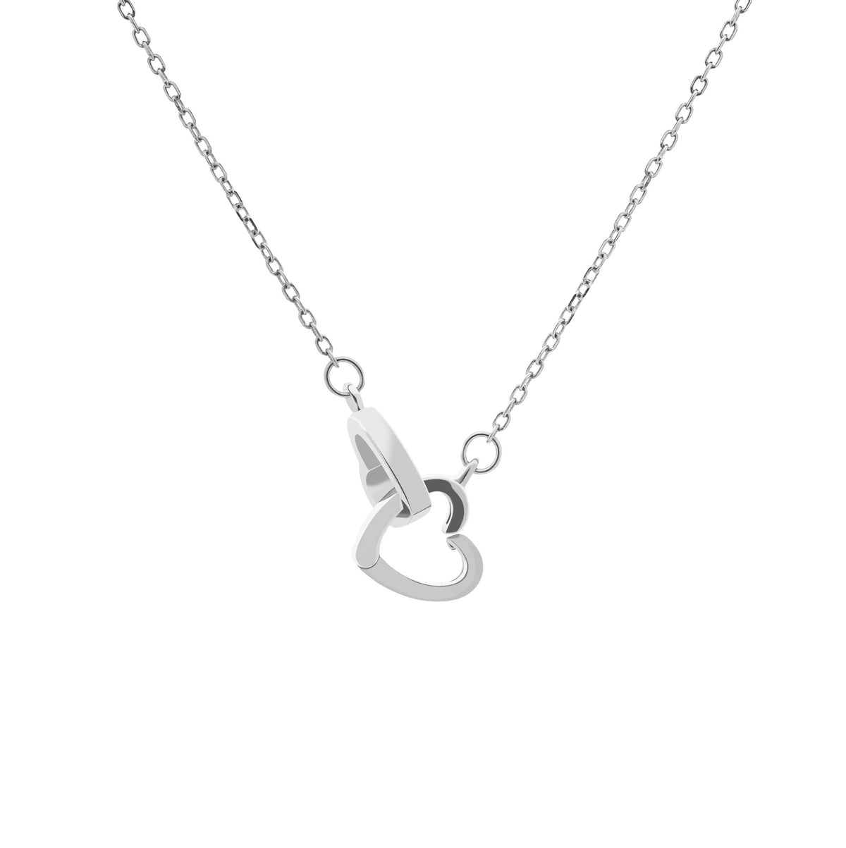 Silver heart-shaped pendant on a chain against a white background, close-up front view