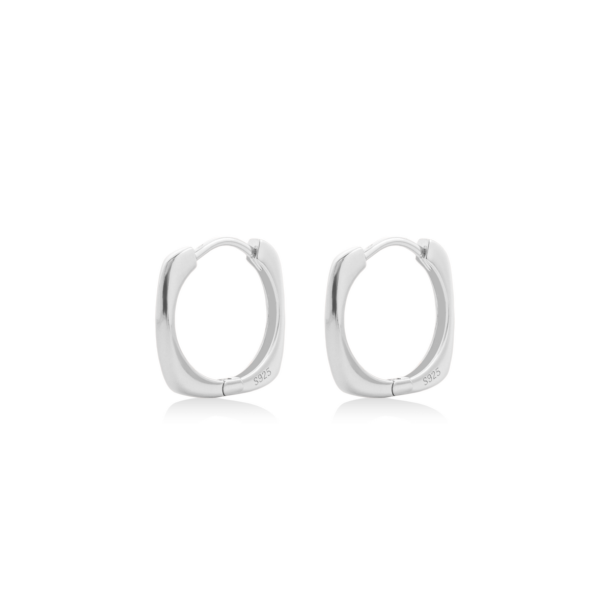 Fine jewellery, silver jewellery, hypoallergenic, tarnish-free, close-up left view of a Pair of squarish silver hoop earrings on a white background