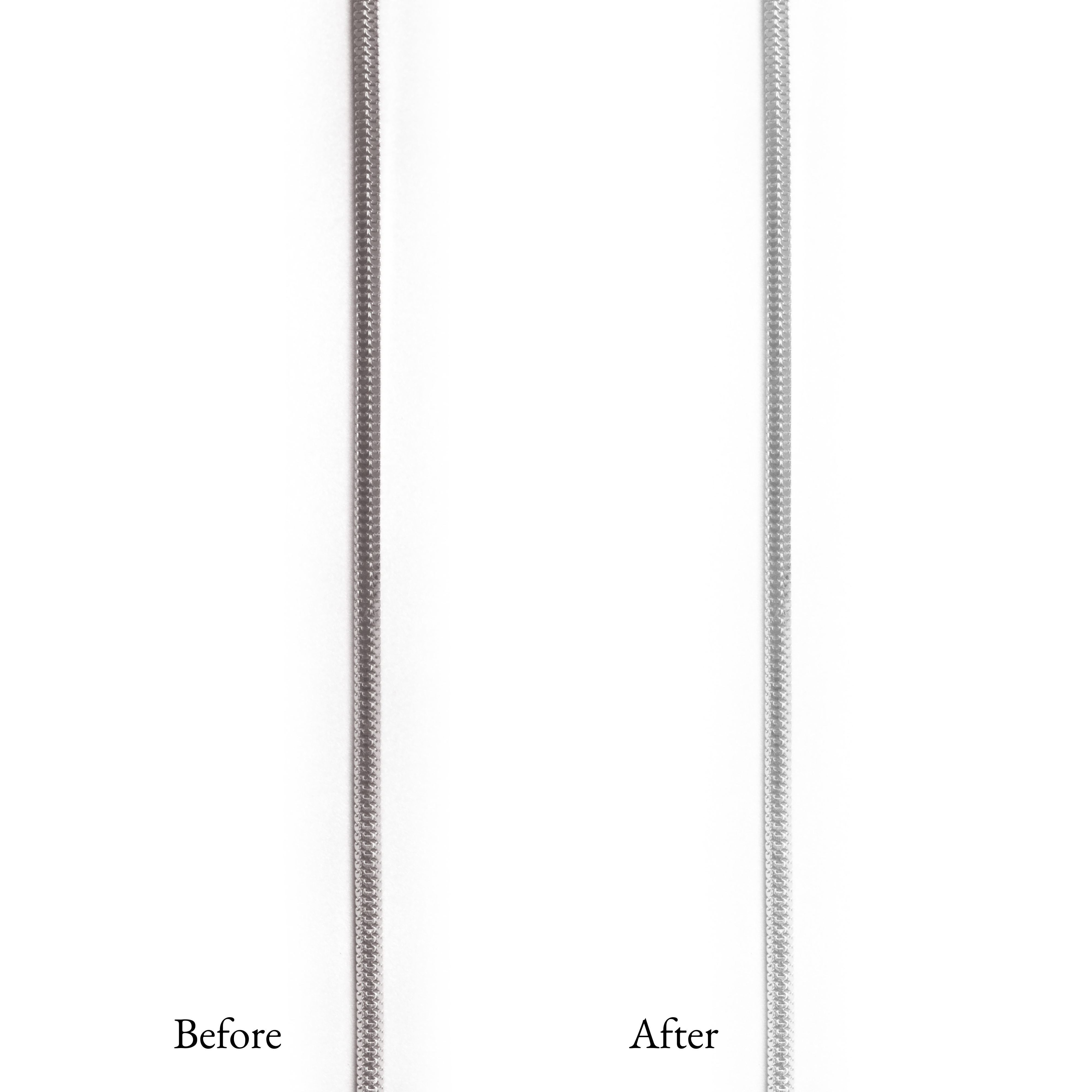 Close-up top view Comparison of a silver chain necklace labeled 'Before' and 'After' on a white background.