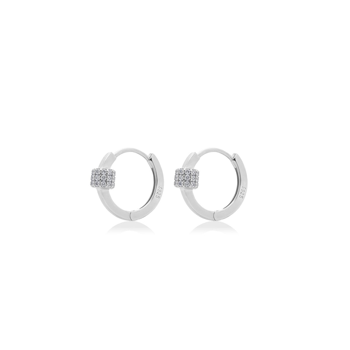 Fine jewellery, silver jewellery, hypoallergenic, tarnish-free, close-up left view of a pair of Silver hoop earrings with embedded stones on a white background