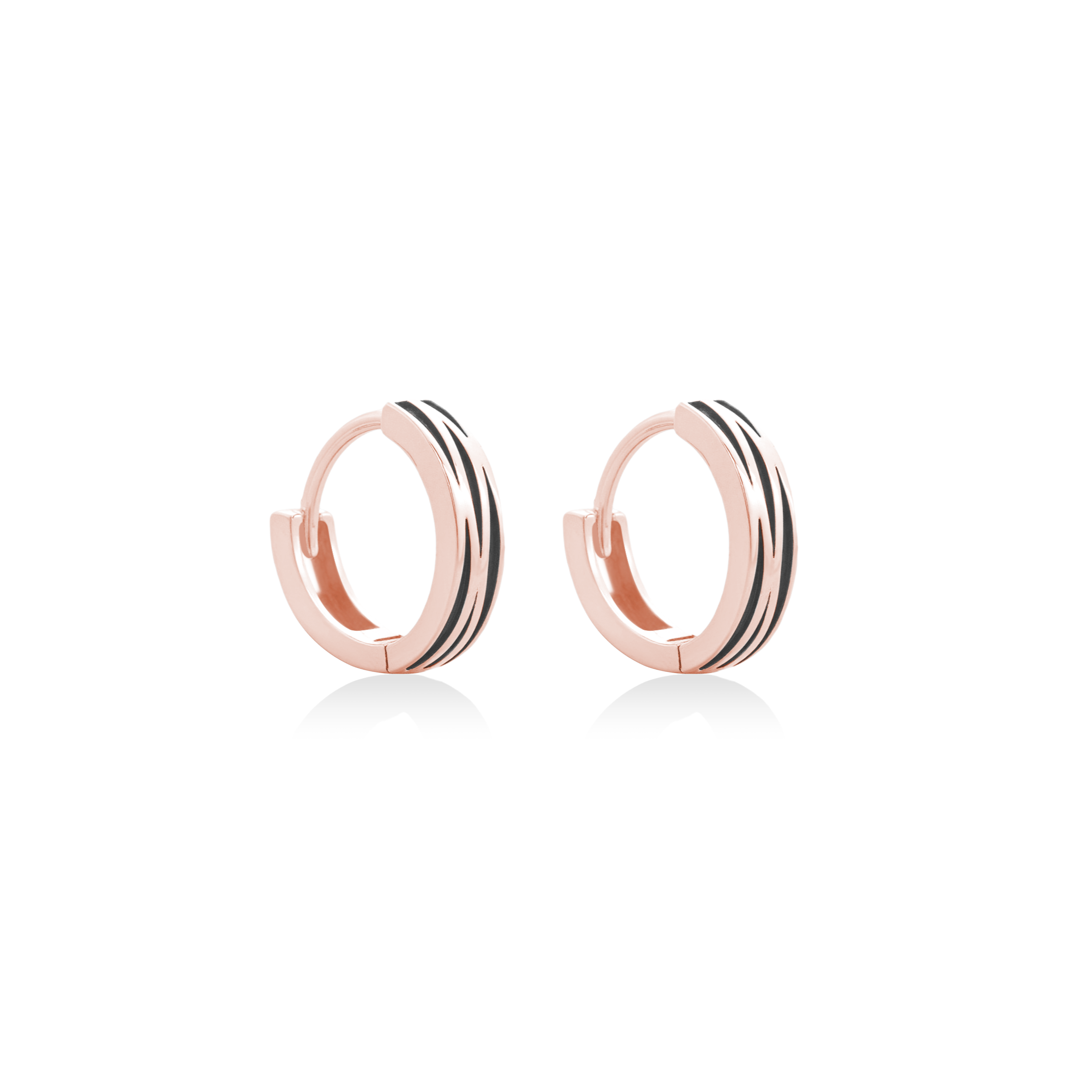 Fine jewellery, silver jewellery, hypoallergenic, tarnish-free, close-up right view of a pair of Rose gold hoop earrings with glazed black stripes on a white background