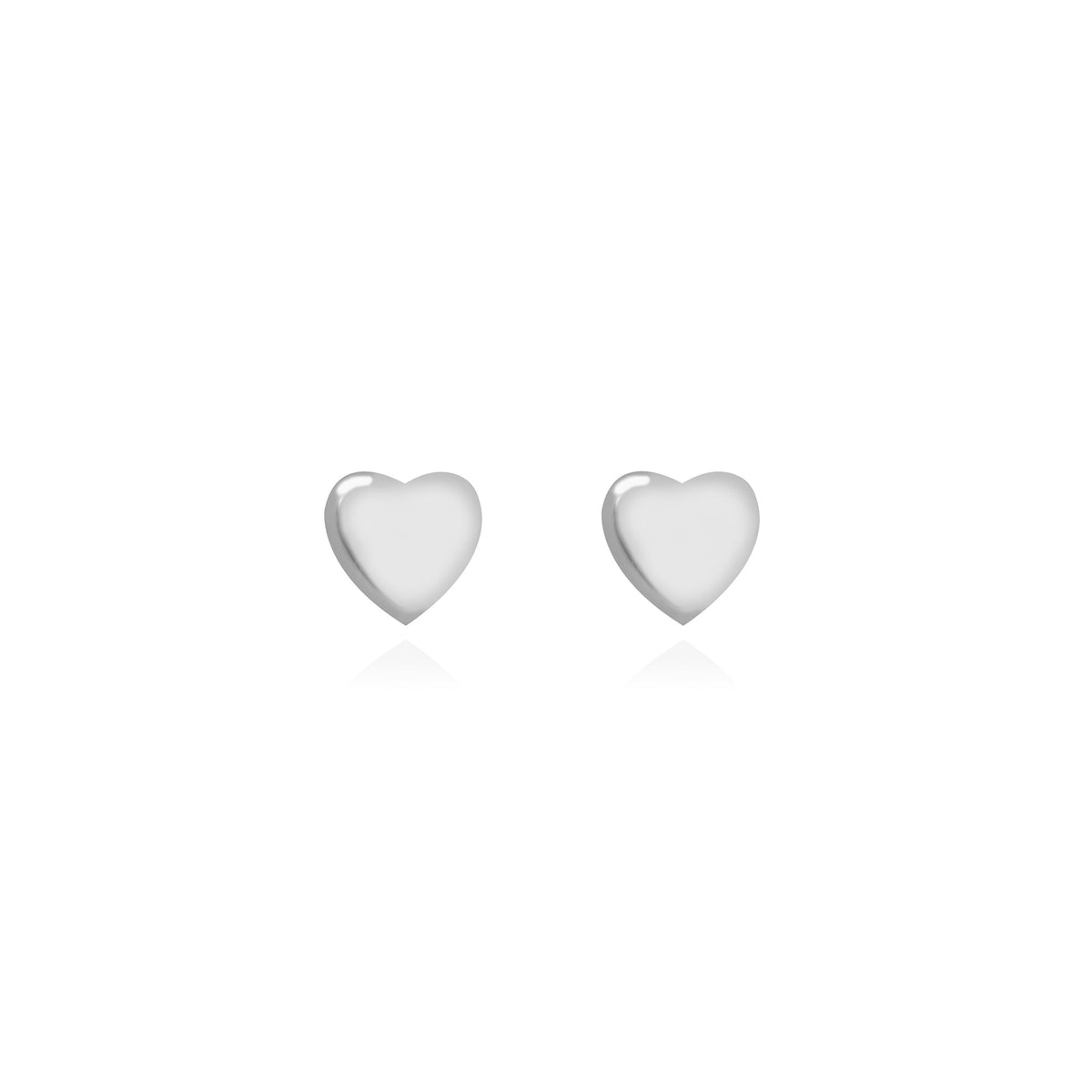 Fine jewellery, silver jewellery, hypoallergenic, tarnish-free, Close up Front view of a pair of Heart-shaped silver ear studs on a white background