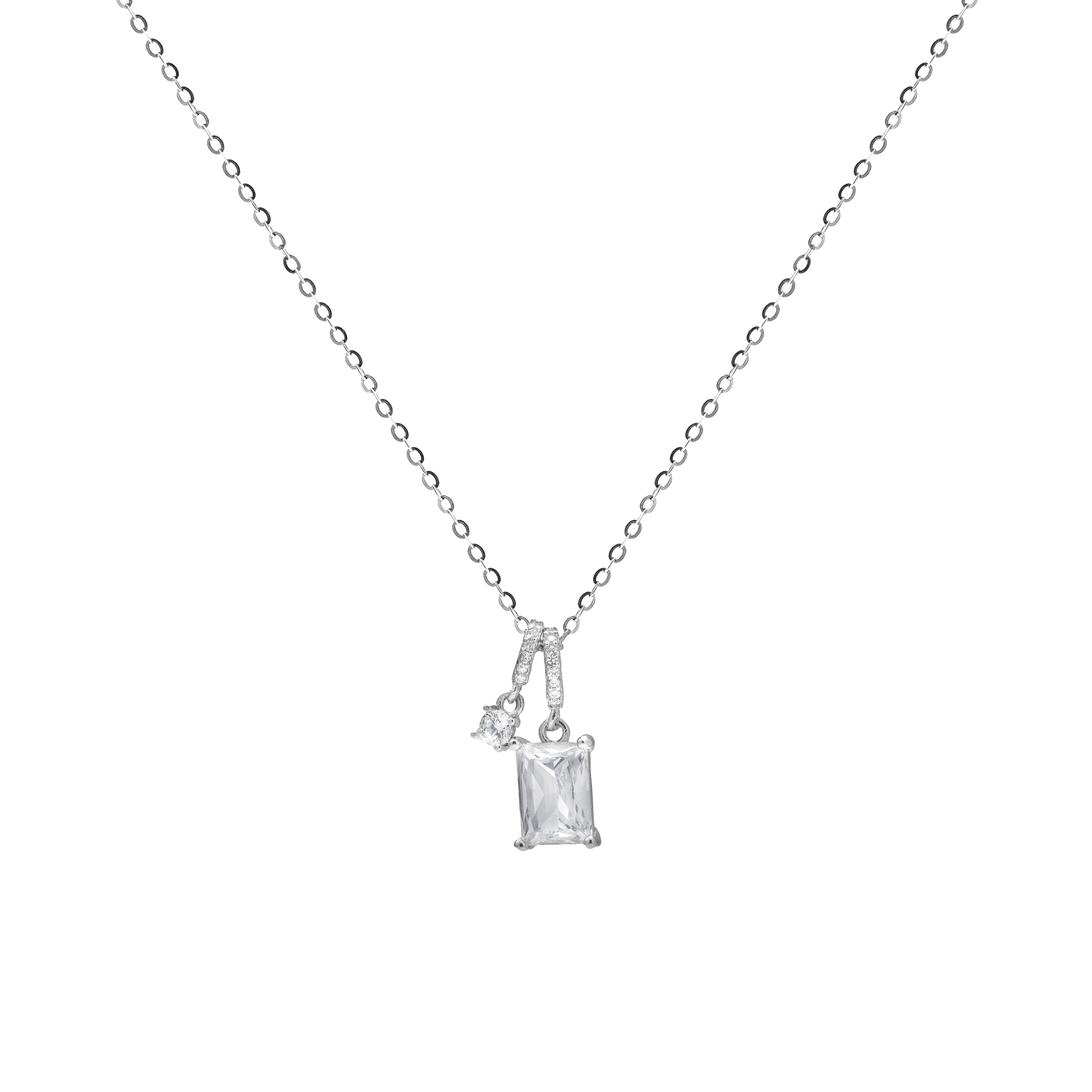 Fine jewellery, silver jewellery, hypoallergenic, tarnish-free, close up front view of a Silver necklace with two crystal pendant on a white background