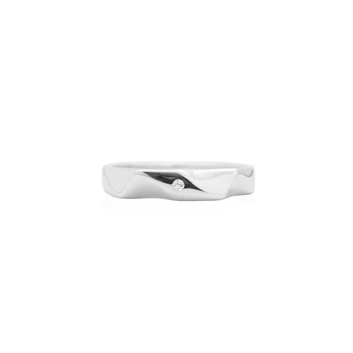 Silver ring with a diamond on a white background, close up front view