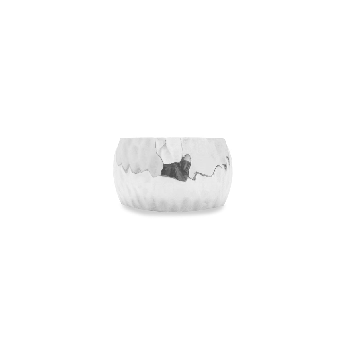 close-up front view of a hammered texture silver ring on a white background
