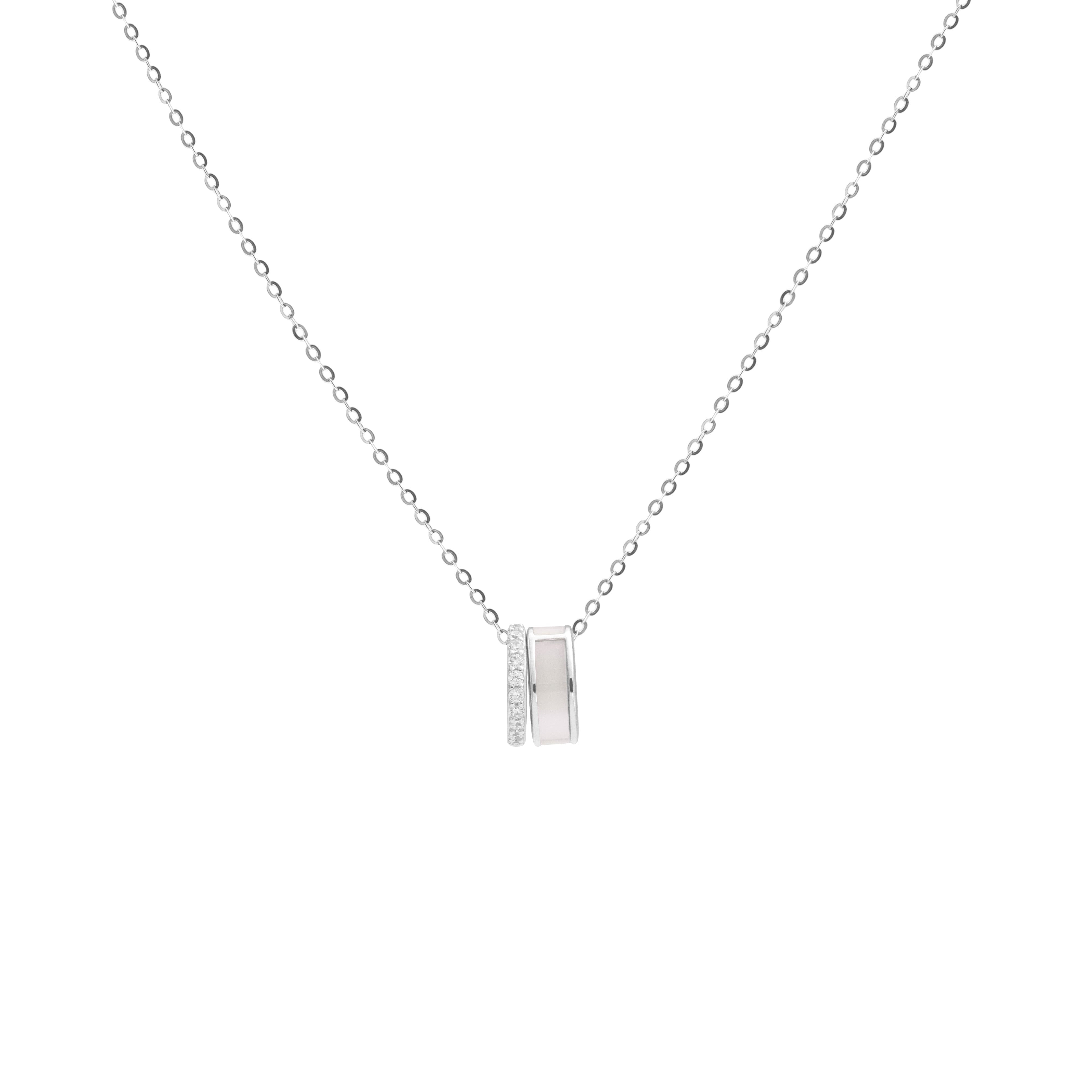 A delicate silver chain necklace with a small double-ring pendant, displayed against a solid white background.