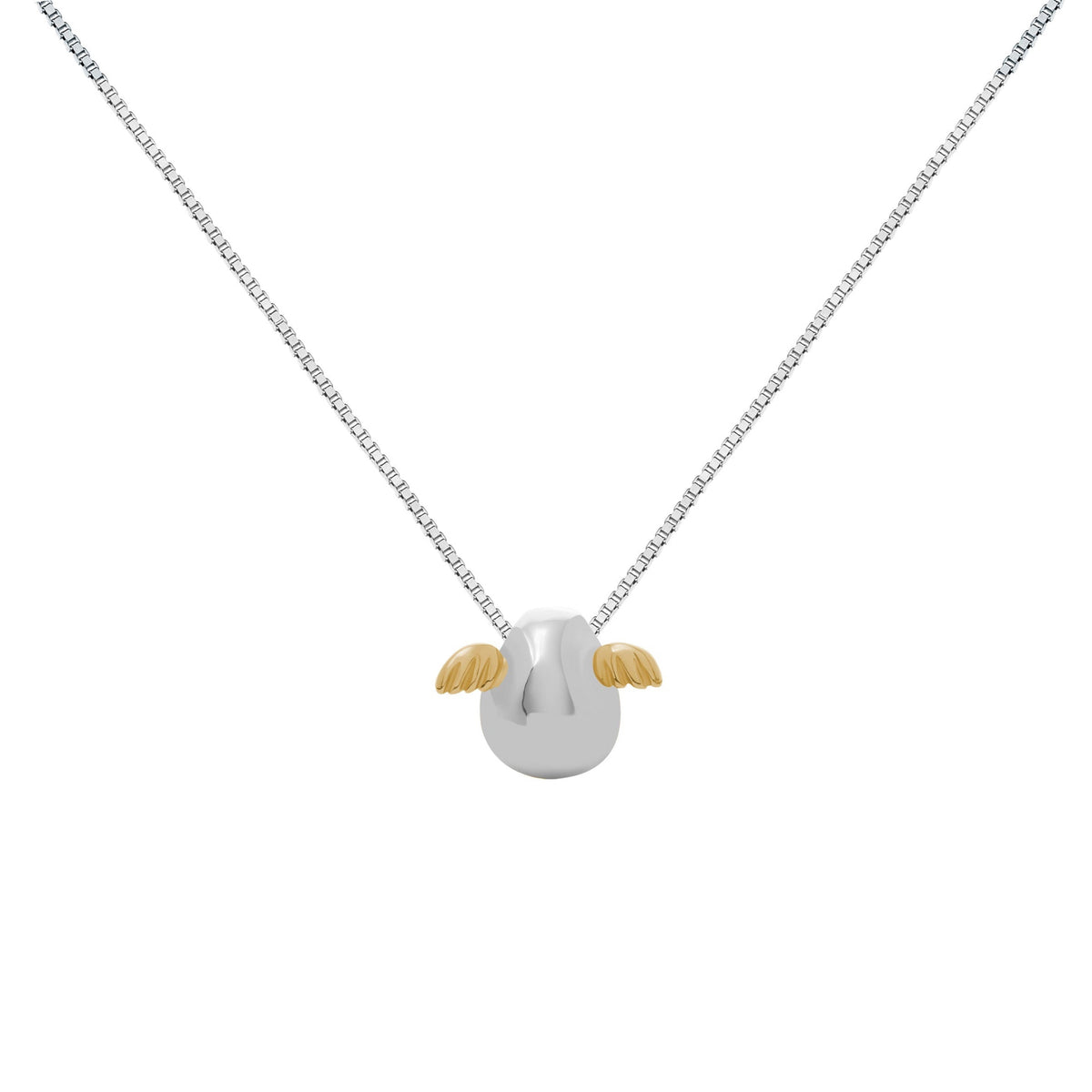Fine jewellery, silver jewellery, hypoallergenic, tarnish-free, front view close-up of silver Necklace with a small  pendant with golden wings on a white background