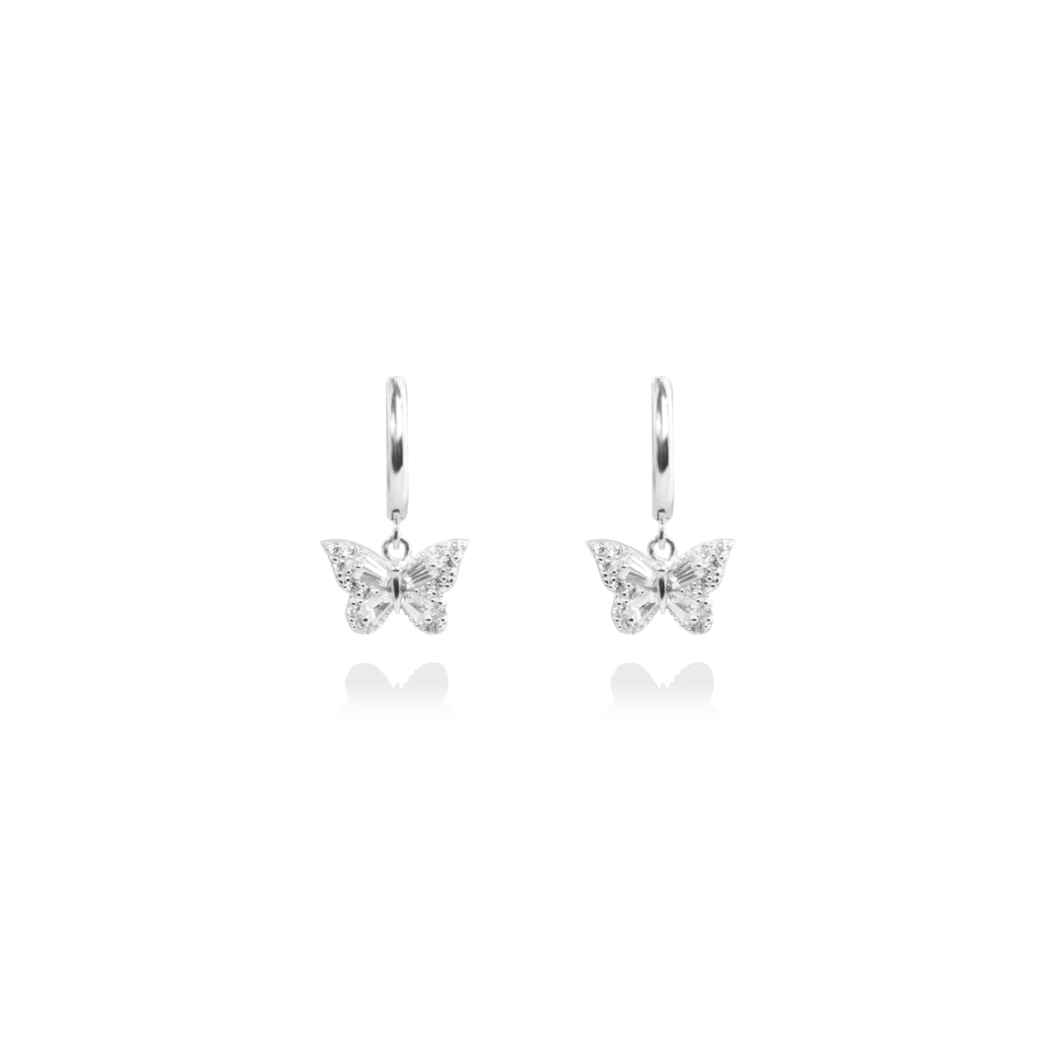 Fine jewellery, silver jewellery, hypoallergenic, tarnish-free, close-up front view of a pair of Butterfly-shaped earrings on a white background