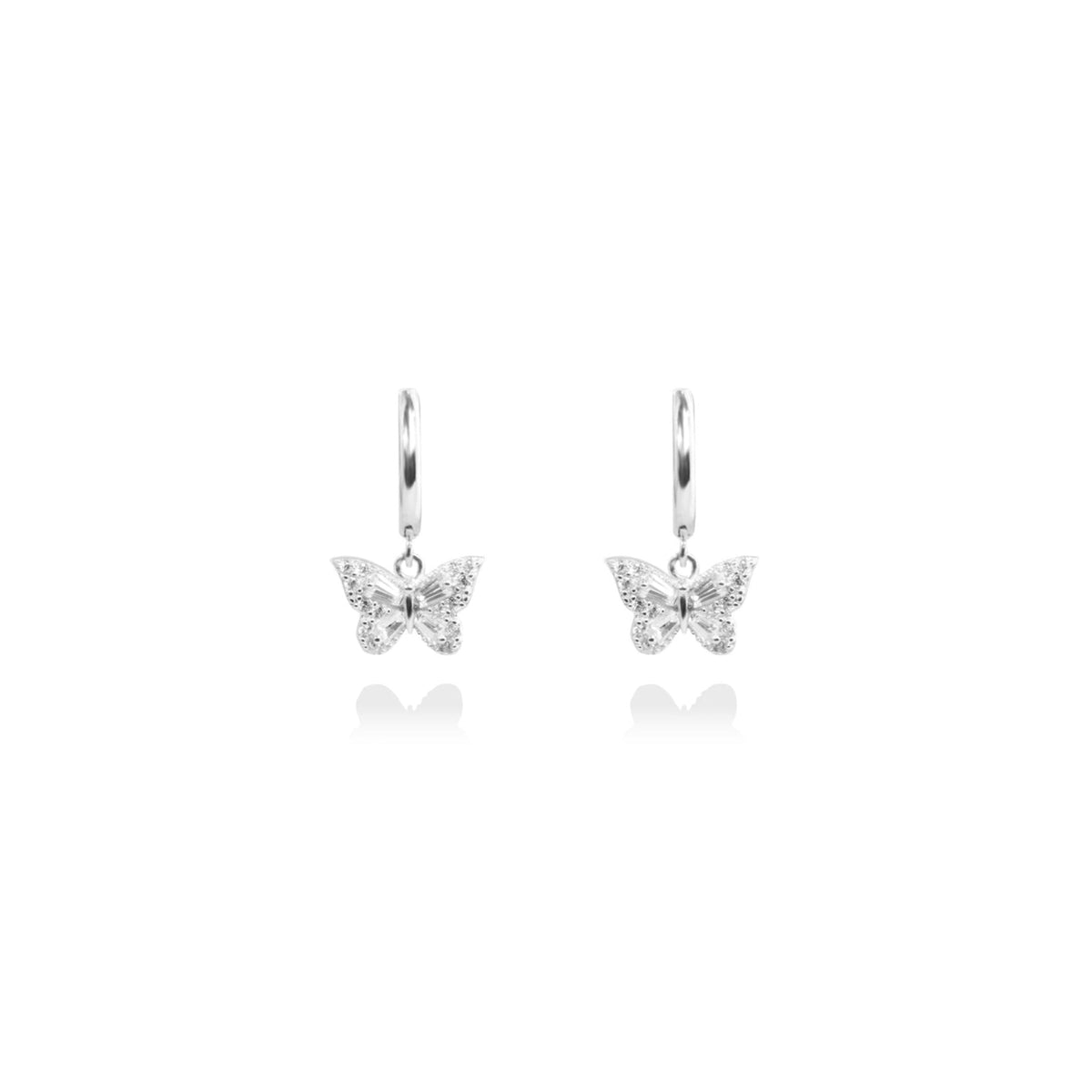 Fine jewellery, silver jewellery, hypoallergenic, tarnish-free, close-up front view of a pair of Butterfly-shaped earrings on a white background