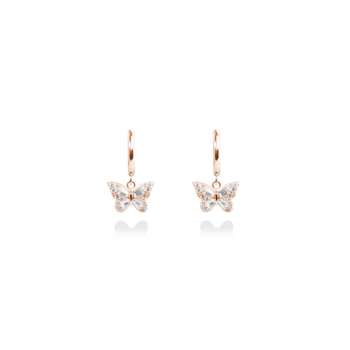 Fine jewellery, silver jewellery plated with rose gold, hypoallergenic, tarnish-free, close-up front view of a pair of Rose gold butterfly earrings on a white background