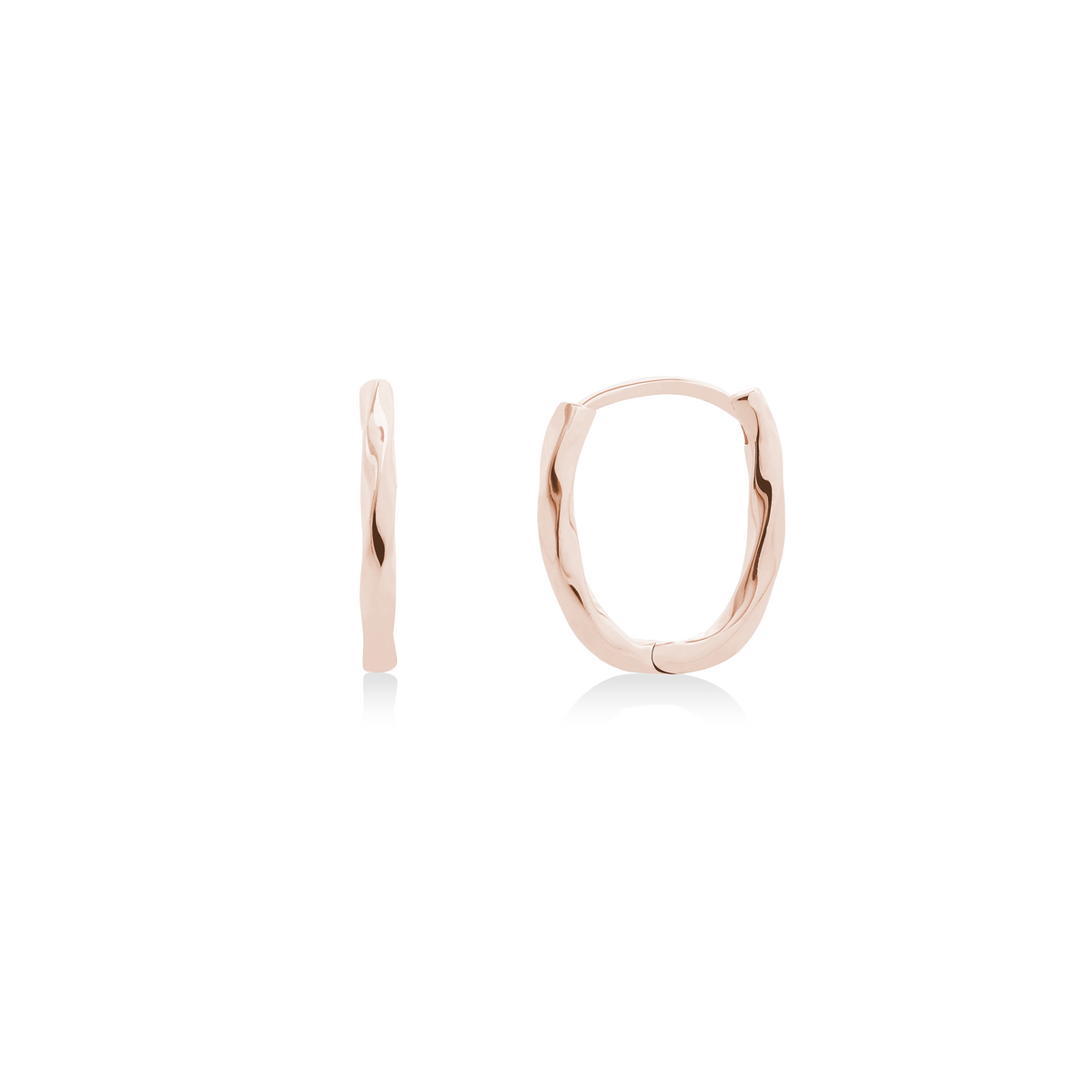 Fine jewellery, silver jewellery plated with rose gold, hypoallergenic, tarnish-free,close-up front and side view of a pair of Rose gold hoop earrings on a white background