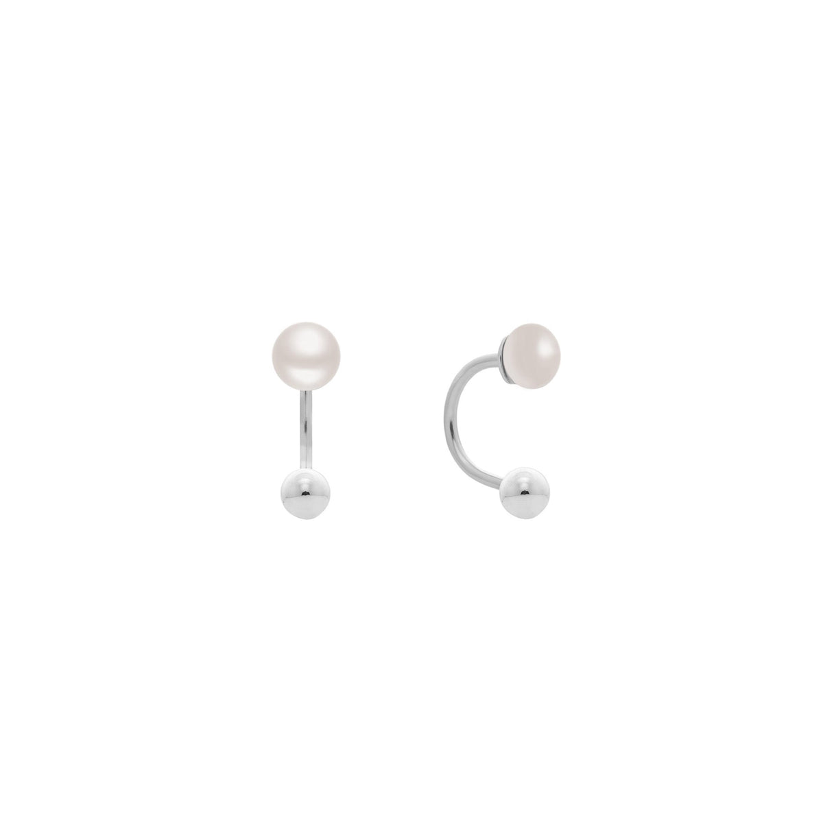 Fine jewellery, silver jewellery, hypoallergenic, tarnish-free, a Pair of silver pearl earrings on a white background with one close-up front view and a close-up right view