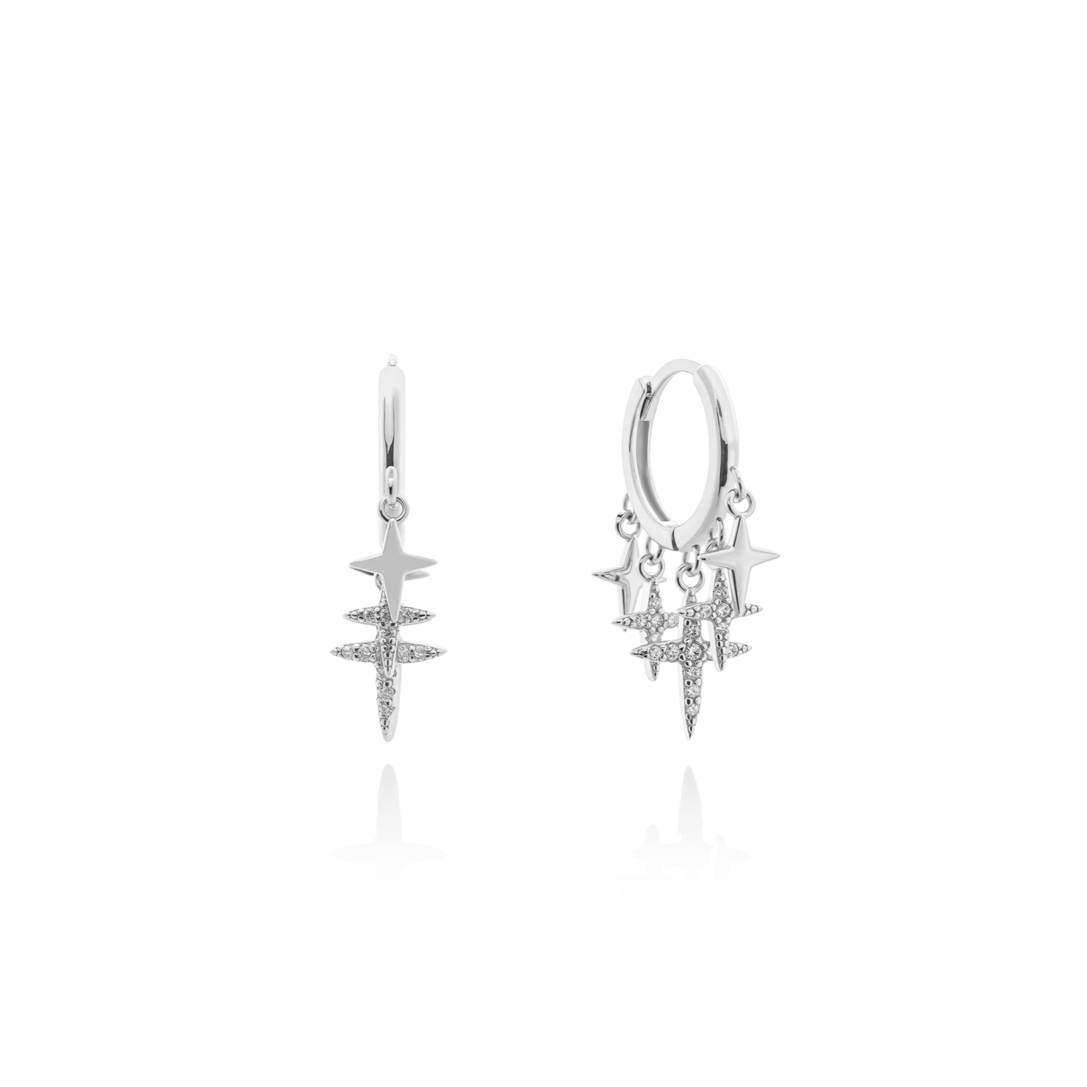 Fine jewellery, silver jewellery, hypoallergenic, tarnish-free,Close-up front and left view of a Pair of silver star with crystal earrings on a white background