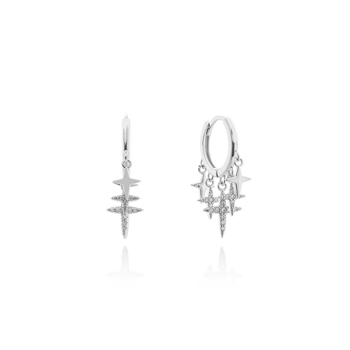 Fine jewellery, silver jewellery, hypoallergenic, tarnish-free,Close-up front and left view of a Pair of silver star with crystal earrings on a white background